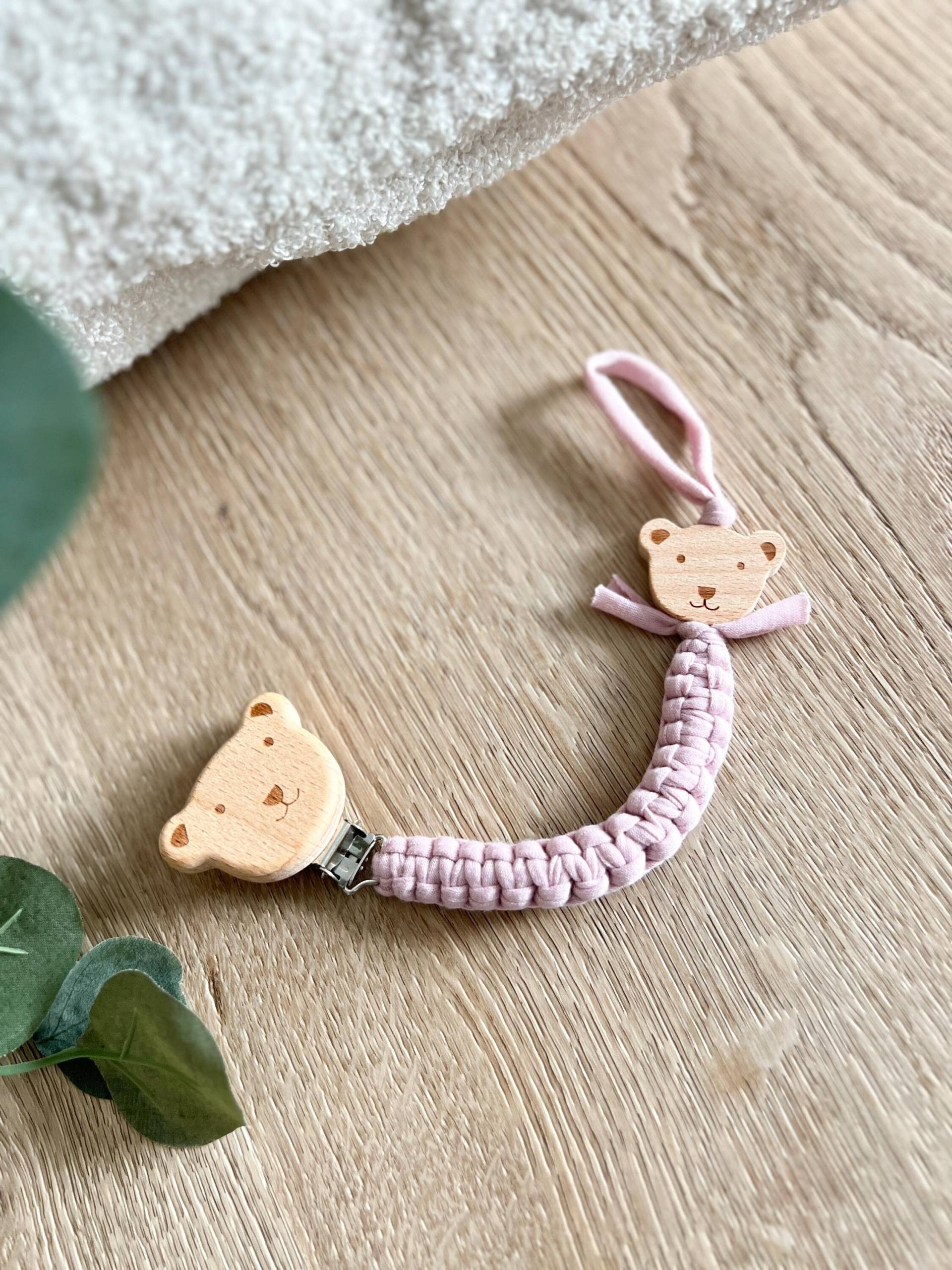 Schnullerkette Baby, Holz Bär, Altrosa, Jersey Baumwolle, Geschenk Zur Geburt, Tier Bären Anhänger, Neugeborenes, Babygeschenk von CosyHavenDE