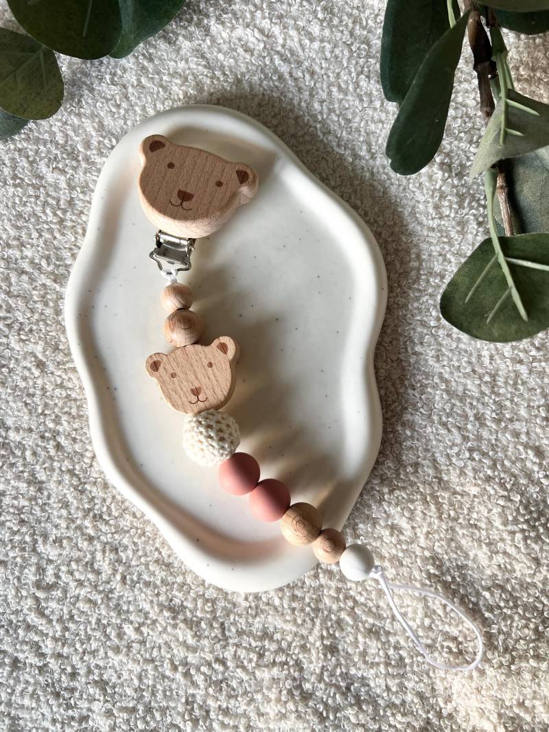 Schnullerkette Baby, Holzperlen Mit Holz Bär, Altrosa/Beige, Häkelperle, Silikonperlen, Geschenk Zur Geburt, Tier Anhänger, Babygeschenk von CosyHavenDE