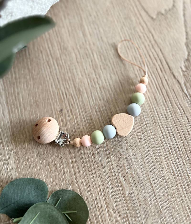 Schnullerkette Baby, Holzperlen Mit Holz Elefant, Grau/Beige Häkelperlen, Geschenk Zur Geburt, Tier Anhänger von CosyHavenDE