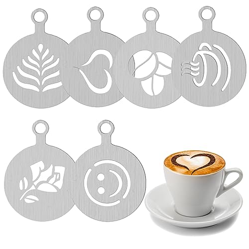 Kaffeeschablonen aus Edelstahl, 6 Pcs Kaffee-Dekorationsschablone cappuccino schablonen kaffee schablonen kaffee Latte Art Schablonen tortenschablone für Kaffee Kuchen Dekorieren (Stil 1) von Cosysparks