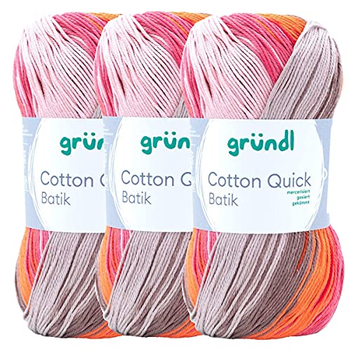 Max Gründl, Cotton Quick Batik Garn, Wolle, 100% Baumwolle (mercerisiert, gasiert) (3 Knäuel, beigebraun-rosa-orange) von Cotton Quick