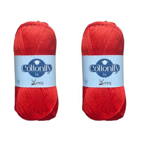 Cottonify Ne 6/4 Häkel- und Strickgarn, 100 % gekämmte Baumwolle, merzerisiertes Häkel- und Strickgarn, mittelschwer, gasiertes und merzerisiertes weiches Garn, 100 g pro Knäuel, 2 Stück, Korallenrot von Cottonify