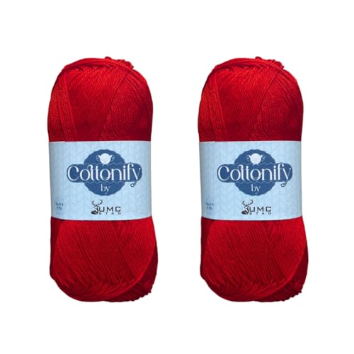 Cottonify Ne 6/4 Häkel- und Strickgarn, 100 % gekämmte Baumwolle, merzerisiertes Häkel- und Strickgarn, mittelschwer, gasiertes und merzerisiertes weiches Garn, 100 g pro Knäuel, 2 Stück, Rot 47 von Cottonify