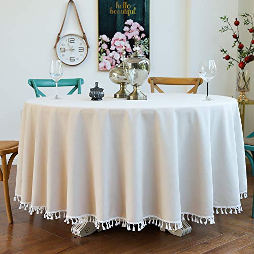 CoutureBridal Tischdecke Rund 180 cm Weiß Elfenbein Baumwolle Leinen Abwaschbar Uni Quaste Gartentischdecke Couchtisch Tischtuch für den Innen - und Außenbereich von CoutureBridal