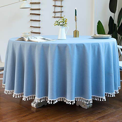 CoutureBridal Tischdecke Rund 200 cm Hellblau Blau Baumwolle Leinen Abwaschbar Uni Quaste Gartentischdecke Couchtisch Tischtuch für den Innen - und Außenbereich von CoutureBridal