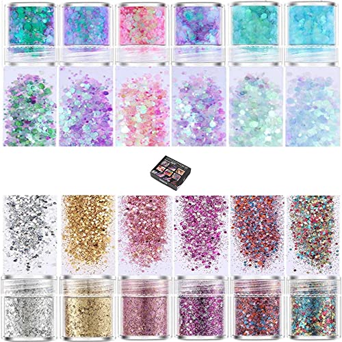 12 Farben Glitzer Set, Glitzerpulver für Epoxidharz Glitzer Basteln Fein Klobig Gemischt Glitzerpuder Art Glitter Kit zum Basteln für Nägel Resin, Farbe Handwerk Wachsschmelzen Make-Up Gesicht DIY von Coyanyu