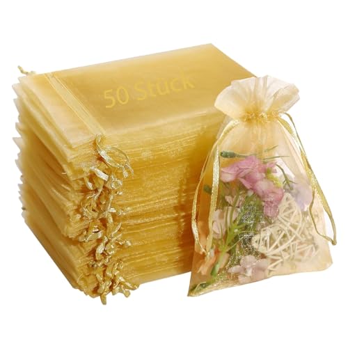 Cozevdnt 50 Stück Organzasäckchen, 10 x 15 cm Organzabeutel, Geschenkbeutel Organza mit Kordelzug, Hochzeit Bonbonsbeutel für Hochzeit Oder Fest Party (Golden) von Cozevdnt