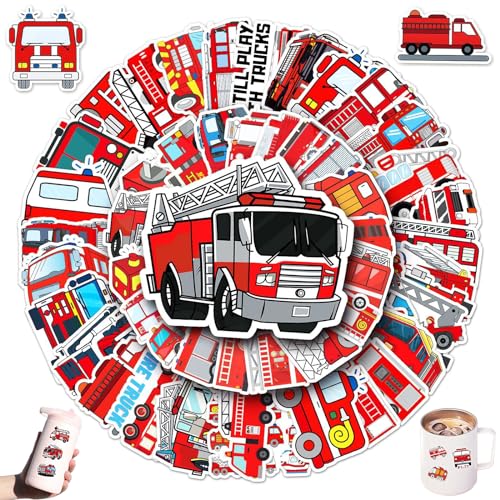 Feuerwehr Aufkleber Feuerwehrauto Sticker, 100 Stücke Stücke Vinyl Feuerwehr Auto Kinder Sticker, wasserdichte und Wiederverwendbare Jungen-fahrzeugaufkleber für Koffer, Wasserflasche, Laptop von Cozevdnt