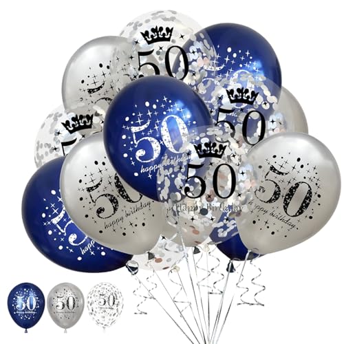 Luftballons zum 50. Geburtstag für Männer und Frauen, 15 Stück, Marineblau / Silber, Happy 50 Year Old Party Dekorationen Jubiläum Feier Supplies von Cozevdnt