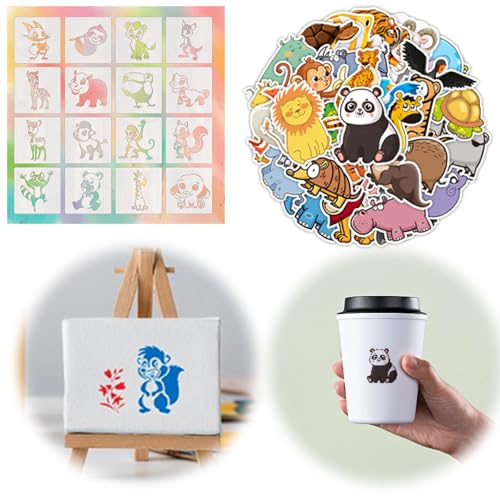 Tiermalerei Schablone&Aufkleber, 16 Stück Niedliches Malschablonen Stencils Set& 40 Stück Stickers für Kinder, DIY Animal Schablone zum Malen an Wand, Geschenkkarte, Kleidung, Baby-Dusche. von Cozevdnt