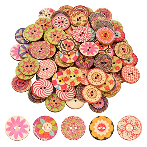 100 Stück Bunte Knöpfe Retro Harz Holzknöpfe Gemischte Rund Puppenknöpfe Nähen Knöpfe Blume Malerei Geometrishes Muster Kinderknöpfe mit 2 Löcher für Nähen DIY Basteln Handwerk Deko 20 mm von Cozlly