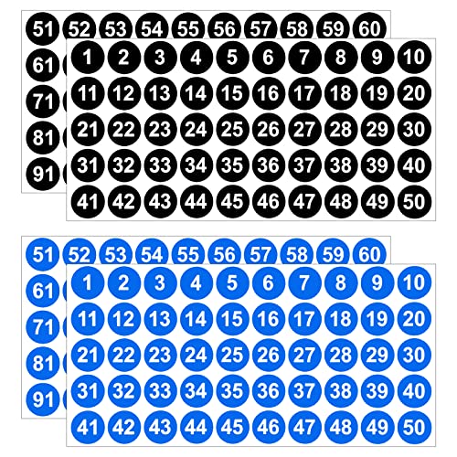 20 Blatt Nummern Aufkleber Rund 1-100 Vinyl Zahlen Aufkleber 25mm Nummer Etiketten Wasserdichte Nummer Selbstklebend Inventaraufkleber zum Sortieren und Organisieren, Schwarz + Blau von Cozlly
