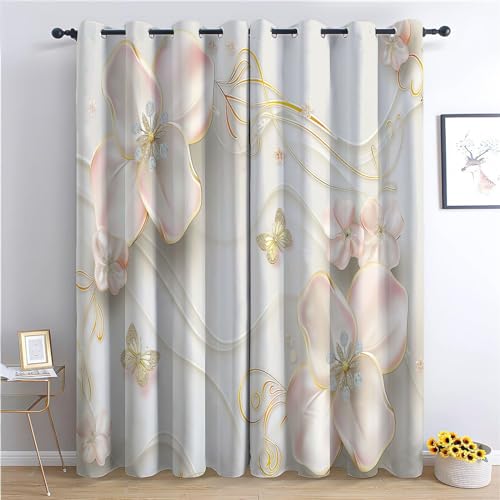 CozyRest Blickdichte Gardinen 3D-Blume goldene Wasserkräuselung Schmetterling Verdunkelungsvorhang - Lichtundurchlässige Vorhang mit Ösen für Schlafzimmer Geräuschreduzierung 214 x 91.5 cm, 2er Set von CozyRest