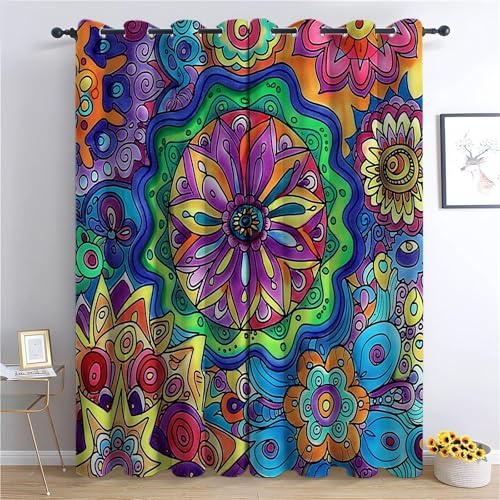 CozyRest Blickdichte Vorhänge, Bunt Verdunkelungsvorhang - Psychedelische Doodle-Mandala-Blumen 230 x 117 cm - Vorhänge Mit Ösen, Polyester für Schlafzimmer Wohnzimmer, Geräuschreduzierung 2 St von CozyRest