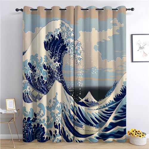 CozyRest Vorhang Blickdicht ösen 2er Set Comic-Surfen Muster Gardine Lichtundurchlässig Fenstervorhang Wohnzimmer Traditionelle japanische Kunst Vorhänge Größe: B 140 x H 160 cm von CozyRest