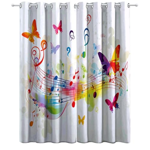 CozyRest Kinder Vorhänge Bunte Musiknoten und Schmetterlinge Ösen Gardinen mit Blickdichte Thermo Vorhang Kälteschutz Blackout Curtain Kinderzimmer Schlafzimmer Musikthema Ösenvorhang H 160 x B 70 cm von CozyRest