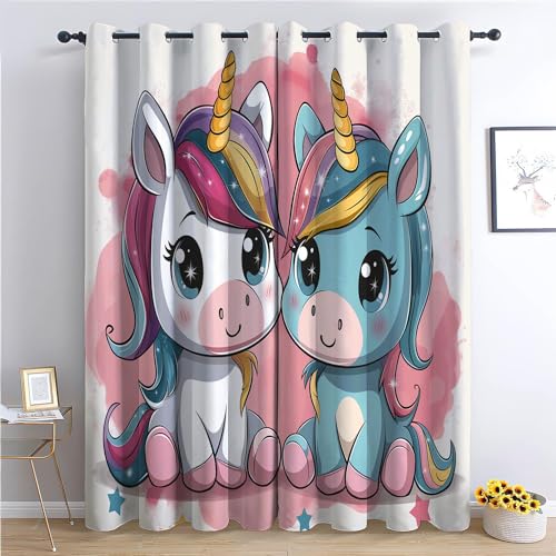 CozyRest Kinder Vorhänge Zwei süße Cartoon-Einhörner Ösen Gardinen mit Blickdichte Thermo Vorhang Kälteschutz Blackout Curtain Kinderzimmer Schlafzimmer Ösenvorhang Bunt H160 x B70cm von CozyRest