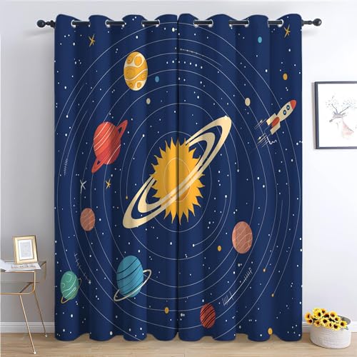 Gardinen Sonnensystem Planeten Sonne Mond 2 Stück Verdunklungsvorhänge Mit Ösen Vorhänge Blickdicht Kälte- Und Wärmeisolierung H 214 x B 91.5 cm Cartoon-Stil dunkelblau Vorhang Schlafzimmer Vorhänge von CozyRest