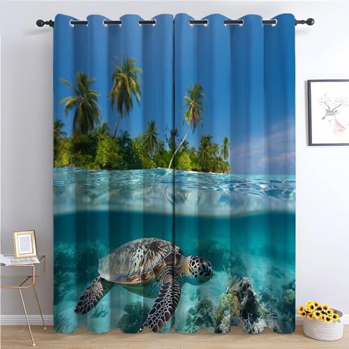 Kinder Vorhänge Schildkröte Ösen Gardinen mit Blickdichte Thermo Vorhang Kälteschutz Blackout Curtain Kinderzimmer Schlafzimmer Ösenvorhang Malediven Palm Tree Coral Reef B 140 x H 160 cm von CozyRest