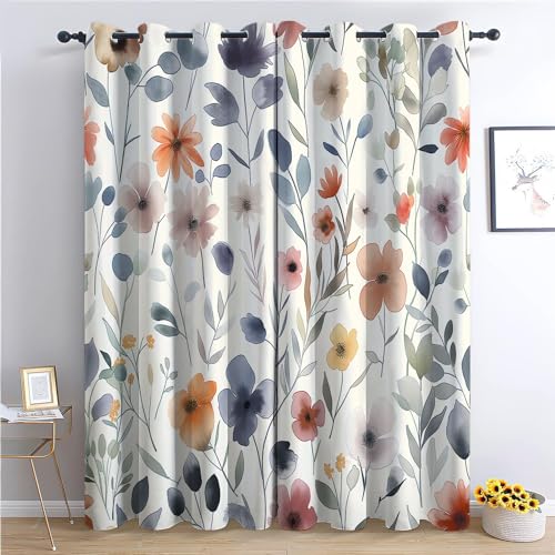 Kinder Vorhänge Wildblumen in Aquarell Ösen Gardinen mit Blickdichte Thermo Vorhang Kälteschutz Blackout Curtain Kinderzimmer Schlafzimmer Ösenvorhang Elegante rustikale Blumen B 140 x H 160 cm von CozyRest