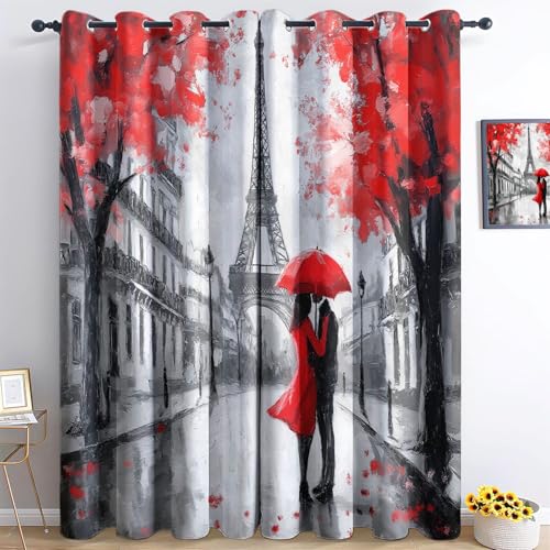 Verdunkelungsvorhänge Französisches Liebespaar Street Art Paris Eiffelturm Theme Dekor für Kinderzimmer, Wohnzimmer, Ösen, Fensterverdunkelungsvorhänge 280 x 260 cm (B x H) Blickdichte Vorhänge von CozyRest