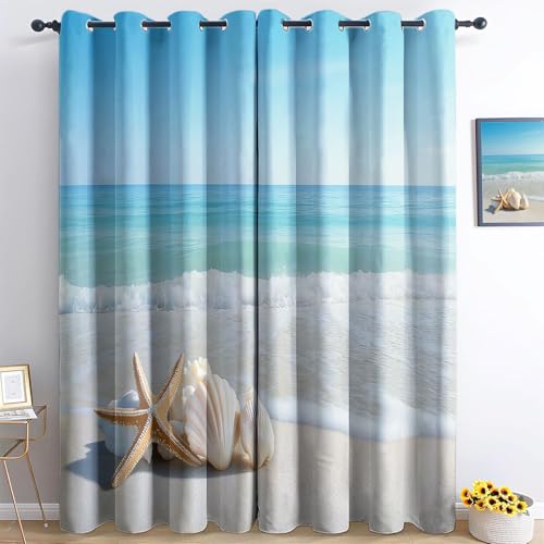 Verdunkelungsvorhänge Meereslandschaft Weißer Strand Theme Dekor für Zuhause, Kinderzimmer, Wohnzimmer, Ösen, Fensterverdunkelungsvorhänge 280 x 260 cm (B x H) Blickdichte Vorhänge 2 Panel-Set von CozyRest