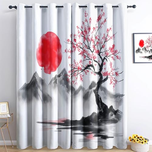 Verdunkelungsvorhänge Tuschemalerei-Berg Japanischer Kirschbaum und rote Sonne Theme Dekor für Kinderzimmer, Wohnzimmer, Ösen, Fensterverdunkelungsvorhänge 280 x 260 cm (B x H) Blickdichte Vorhänge von CozyRest