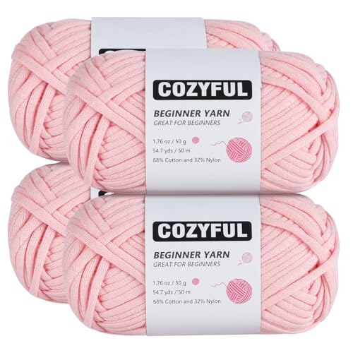 Cozyful 4 x 47 g, rosa Garn zum Häkeln und Stricken, 4 x 47 m, Anfängergarn zum Häkeln mit leicht zu sehenden Stichen, Kammgarn, mittelschwer, Nr. 4, Baumwoll-Nylon-Mischgewebe von Cozyful