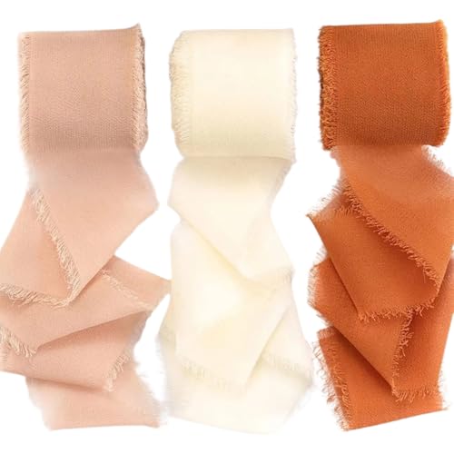 Cozylkx 3 Rollen Chiffonband Mit Ausgefransten Kanten, 4 cm x 6,5 M, Chiffon-Seidenband Mit Boho-Fransen, Zum Herstellen Von Schleifenbändern Für Hochzeiten, Geschenkverpackungen, Blumensträuße von Cozylkx