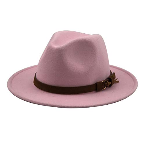 Cozylkx Gürtelschnalle Fedora Hut, Damen Wolle Fedora Hut mit Lederband Breiter Krempe Jazz Caps für den Winter, Pink von Cozylkx