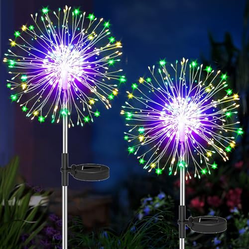 Cozymeow Gartendeko Solarleuchten für Außen, 2 Stück 150 LED Solarlichter Pusteblume, 8 Modi Solarstecker Gartenbeleuchtung Wetterfest Solarlampen Feuerwerk für Balkon Blumenkästen Deko - Mehrfarbig von Cozymeow