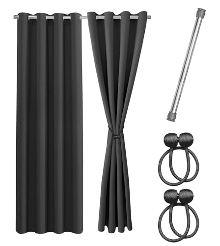 Praktisches Set ohne Bohren: 2x Vorhang + 1x Klemmstange silber 111-200 cm + 2x Raffhalter mit Magnet blickdicht & verdunkelnd, als Raumteiler, Fenster & Tür Anthrazit Thermovorhang 240x135cm von Cozyor