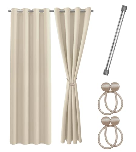 Cozyor Praktisches Set ohne Bohren: 2X Vorhang + 1x Klemmstange Silber 70-120 cm + 2X Raffhalter mit Magnet Blickdicht & verdunkelnd, als Raumteiler, Fenster & Tür Beige Thermovorhang 200x135cm von Cozyor