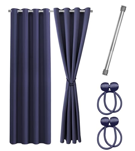 Cozyor Praktisches Set ohne Bohren: 2X Vorhang + 1x Klemmstange Silber 111-200 cm + 2X Raffhalter mit Magnet Blickdicht & verdunkelnd, als Raumteiler, Fenster & Tür Blau Thermovorhang 160x135cm von Cozyor