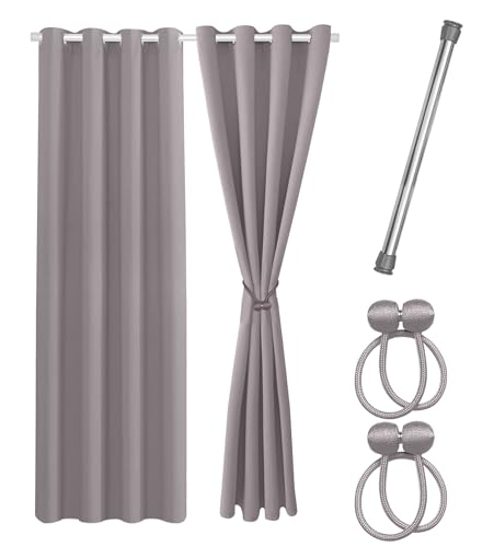 Cozyor Praktisches Set ohne Bohren: 2X Vorhang + 1x Klemmstange Silber 70-120 cm + 2X Raffhalter mit Magnet Blickdicht & verdunkelnd, als Raumteiler, Fenster & Tür Hellgrau Thermovorhang 160x135cm von Cozyor