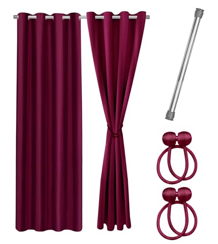 Cozyor Praktisches Set ohne Bohren: 2X Vorhang + 1x Klemmstange + 2X Raffhalter mit Magnet Blickdicht & verdunkelnd, als Raumteiler, Fenster & Tür Silber Rot Bordeaux Thermovorhang 160x135cm von Cozyor