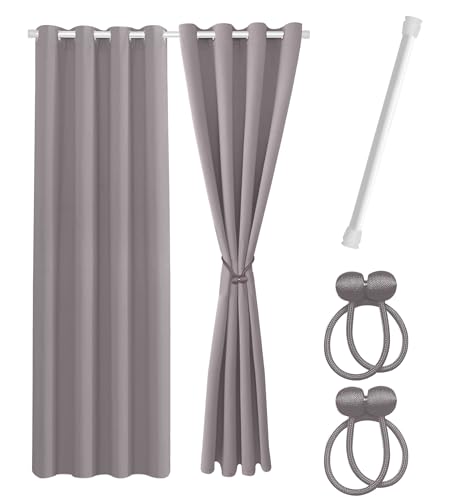 Cozyor Praktisches Set ohne Bohren: 2X Vorhang + 1x Klemmstange 111-200 cm + 2X Raffhalter mit Magnet Blickdicht & verdunkelnd, als Raumteiler, Fenster & Tür Hellgrau Thermovorhang 200x135cm von Cozyor