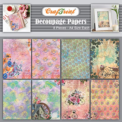 CrafTreat Blumen-Decoupage-Papier Vintage – Radfächer und Zyklus – Größe: A4 (8,3 x 11,7 Zoll), 8 Stück – Decoupage-Papier für Holz, Kunsthandwerk, Scrapbooking und Möbel von CrafTreat