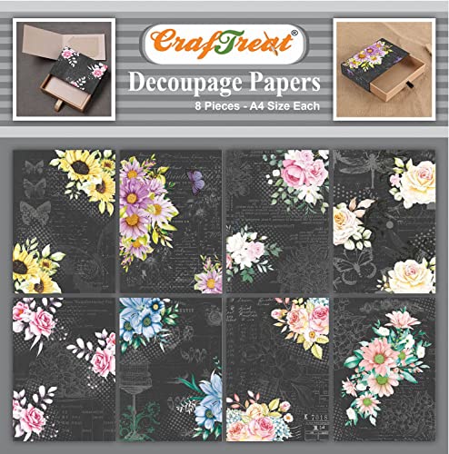 CrafTreat Blumen-Decoupage-Papier für Möbel – dunkle Blumen – Größe: A4 (8,3 x 11,7 Zoll), 8 Stück – florales Decoupage-Papier zum Basteln, dekoratives Papier für Decoupage – Decoupage-Papierbögen von CrafTreat