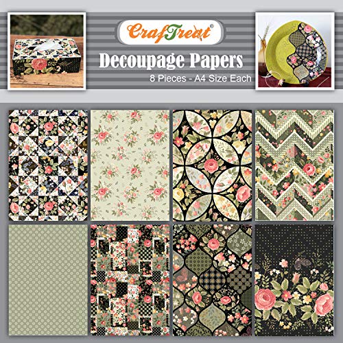 CrafTreat Blumenmosaik 1 & 2 Decoupage-Papier-Set für Heimdekoration, gemischte Medien, Dekoration, bedrucktes Decoupage-Papier-Set, Kunst und Handwerk – A4 (8 Stück) von CrafTreat