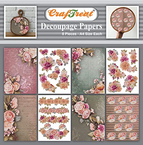 CrafTreat Florales Decoupage-Papier für Möbel, dekorative Blumen, 1 Größe: A4 (21,6 x 29,4 cm), 8 Stück, Decoupage-Papier, Bastelarbeiten, dekoratives Papier für Decoupage, Decoupage-Papier, Blumen von CrafTreat