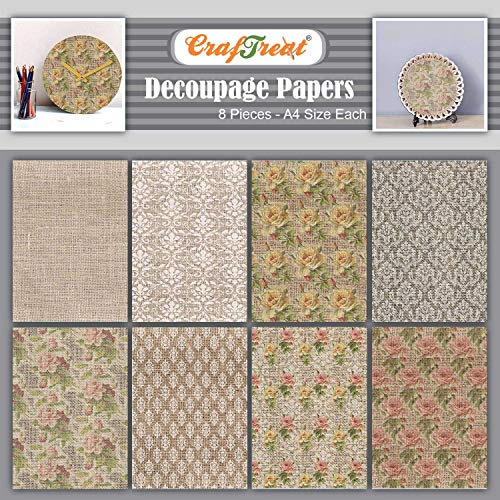 CrafTreat Florales Decoupage-Papier zum Basteln – Sackleinenblumen – Größe: A4 (8,3 x 11,7 Zoll), 8 Stück – Damast-Decoupage-Papier für Scrapbooking – Vintage-Decoupage-Papier für Möbel von CrafTreat