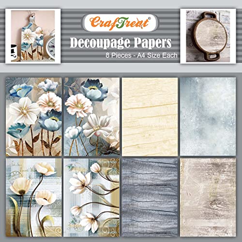 CrafTreat Gemaltes florales Decoupage-Papier zum Basteln, Blume und Textur. Größe: A4 (21,6 x 29,2 cm), 8 Stück, Scrapbooking-Papier, Blumen, Bastelpapier für Möbel, Wand, Glas von CrafTreat