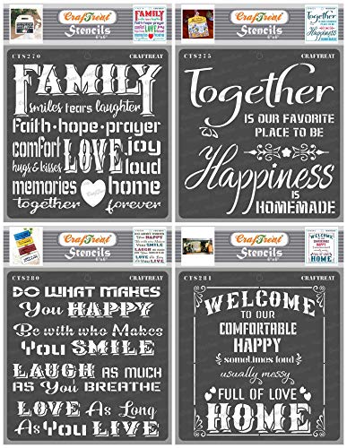 CrafTreat Home Decor Stencils for Painting on Wood, Canvas, Paper, Fabric, Wall and Tile - Family, Happy Together, Happy Smile and Welcome Home - 4 Pcs - 6x6 Inches Each - Reusable DIY Craft Stencils von CrafTreat