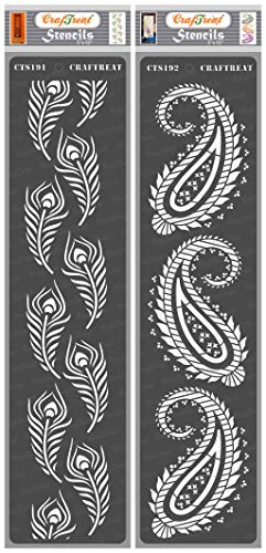 CrafTreat Indian Border Stencils for Painting on Wood, Canvas, Paper, Fabric, Floor, Wall and Tile - Peacock Feather Border and Paisley Border - 2 Pieces - 3 x 12 Inches Each - Reusable DIY Craft von CrafTreat