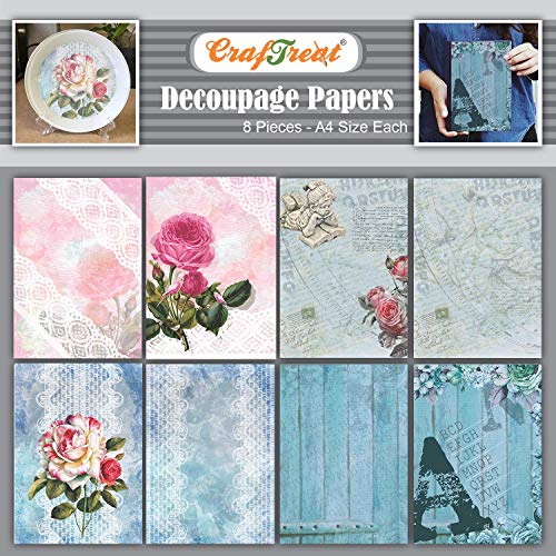 CrafTreat Spitzen-Decoupage-Papier zum Basteln – Rosenspitze und Alphabet – Größe: A4 (8,3 x 11,7 Zoll), 8 Stück – Möbel-Decoupage-Papier, Wörter – Decoupage-Papier für Scrapbooking von CrafTreat