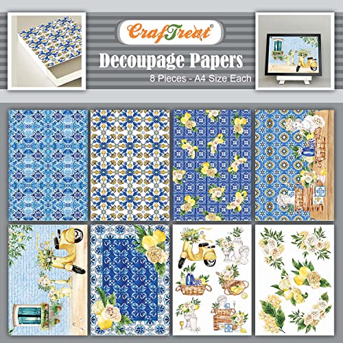 CrafTreat Mediterranes Decoupage Papier zum Basteln, A4-Format (21,6 x 29,2 cm), 8 Stück, Decoupage Papier und Bastelpapier, Muster-Set, Motivkarton, Musterpapier, Bastelpapier Vintage, Motivkarton von CrafTreat