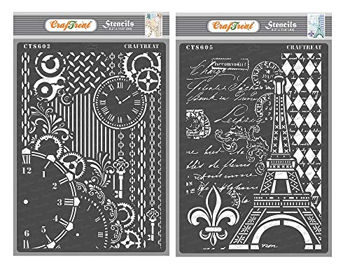 CrafTreat Mixed Media Stencils for Crafts Reusable Vintage - Clock and Key & Eiffel Tower Script (2Pcs) - Size: A4 Each - French Script Stencils for Mixed Media - Eiffel Tower Stencil for Painting von CrafTreat