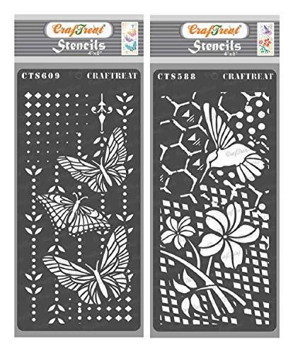 CrafTreat Mixed Media Stencils for Crafts Reusable Vintage - Flower and Hummingbird Stencil & Butterfly Magic (2Pcs) - Size: 4X8 Inches - Butterfly Stencils for Craft - Flower Stencils for Painting von CrafTreat