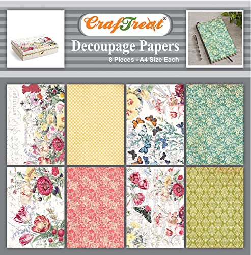 CrafTreat Muster-Decoupage-Papier zum Basteln – Wilde Blumen – Größe: A4 (8,3 x 11,7 Zoll), 8 Stück – florales Decoupage-Papier für Möbel – Decoupage-Papier-Hintergrund – dekoratives Papier von CrafTreat